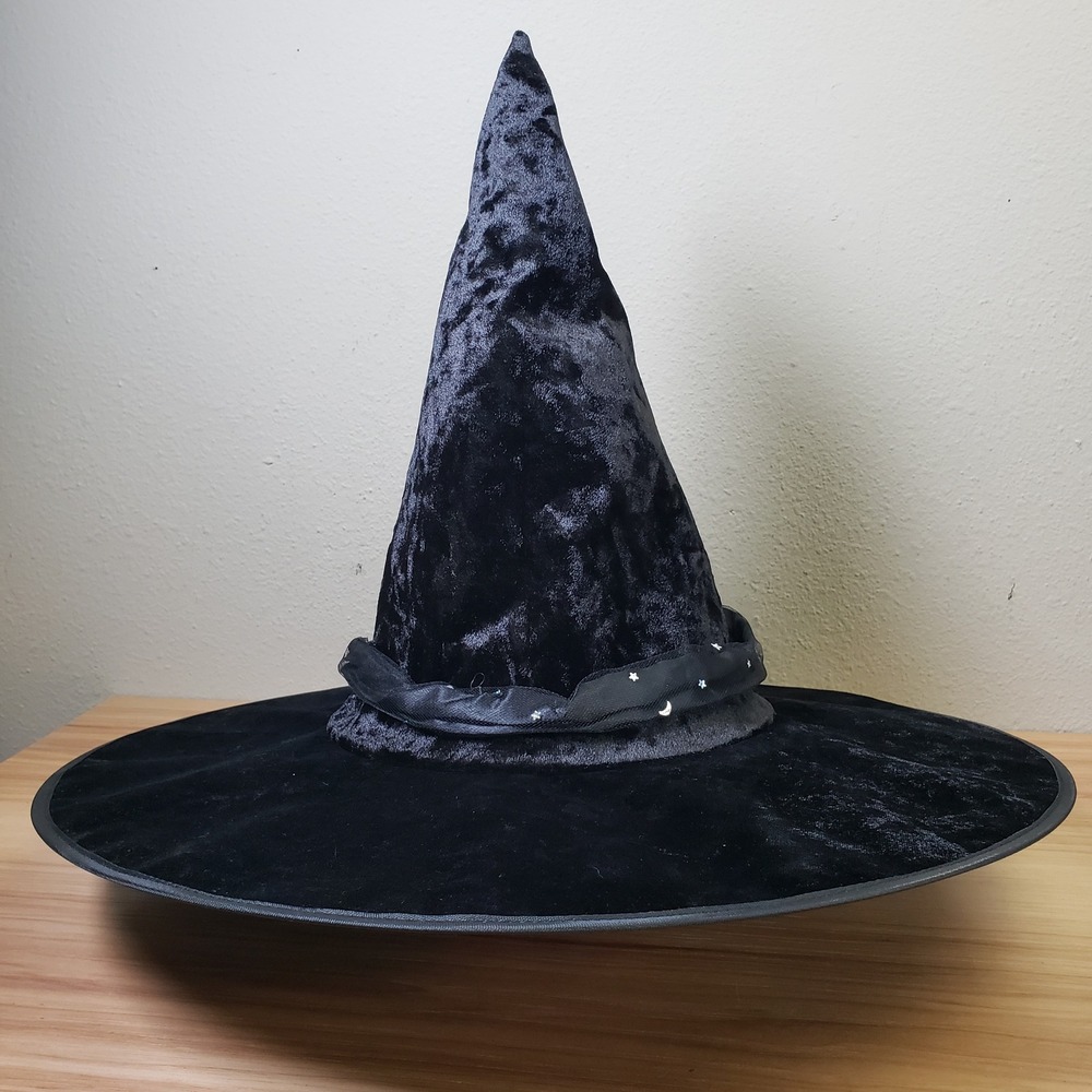 Halloween Costume Witch Hat Black Velvet Star Moons Celestial Cosplay Whimsigoth